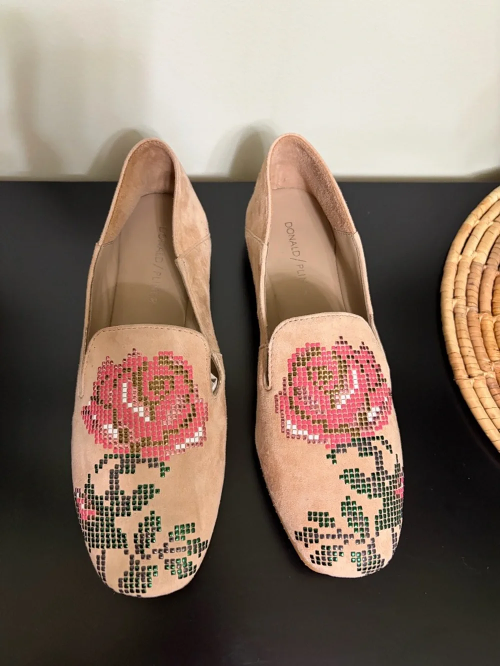 DONALD PLINER Tan suede Floral Embellished Hiro Flats 7